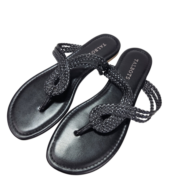 Talbots Shoes - Talbots Braided Thong Sandals Size 8 Black Vegan Leather Slip-On Flat Casual